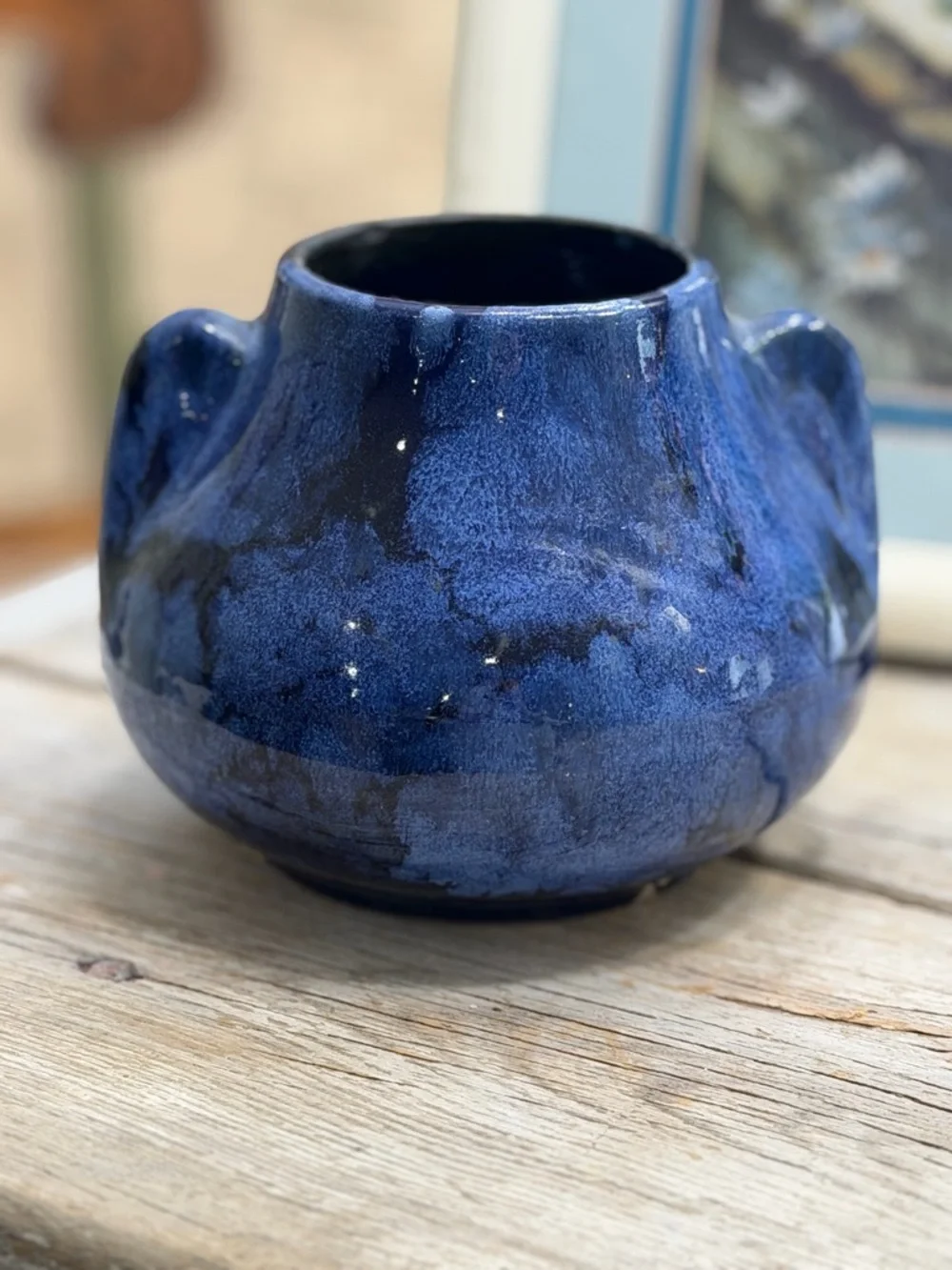Cobalt Blue Mottled Pottery Vase | Planter. Artisan | Handled | Glazed | Studio